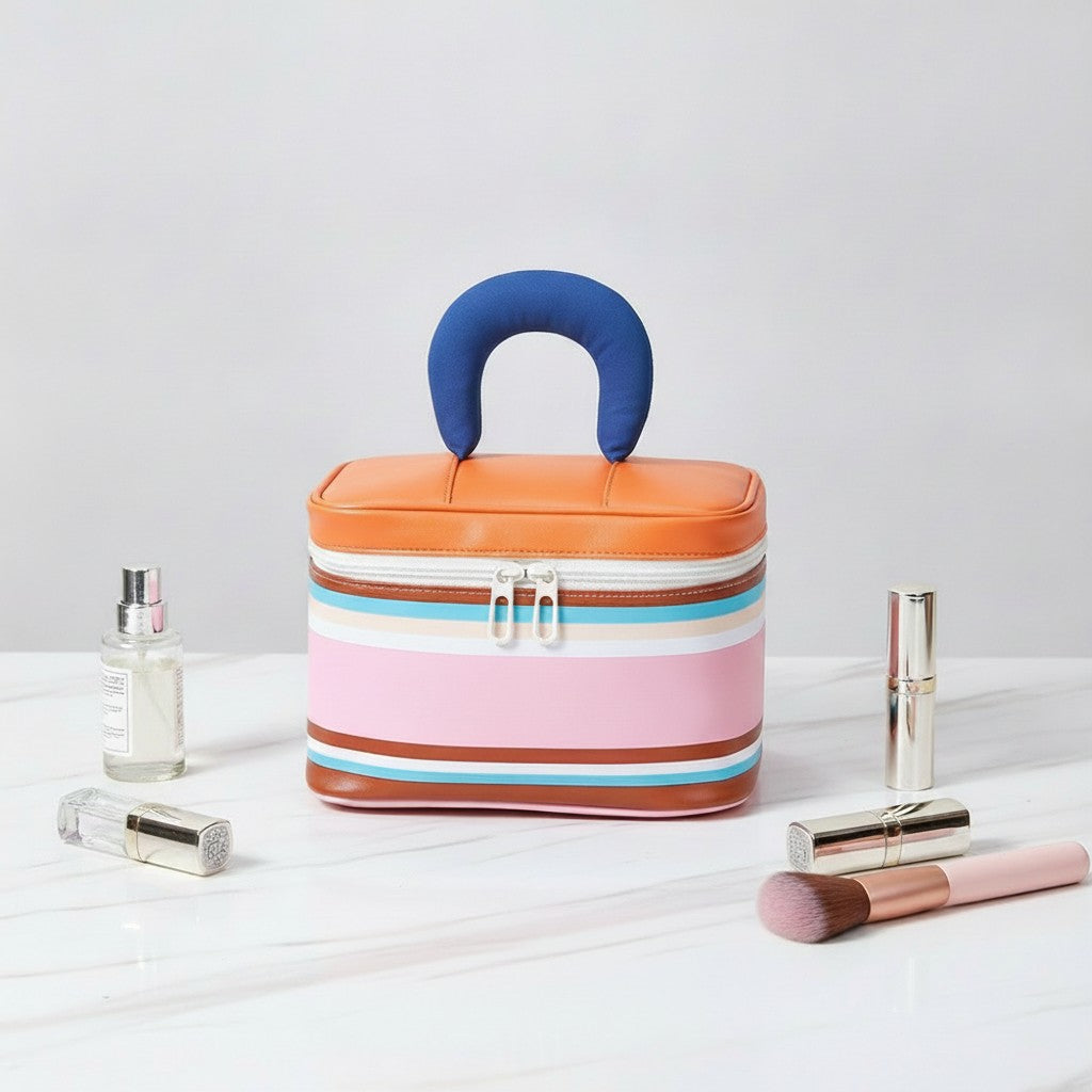 Layered Cosmetic Case With Handle - Orange
