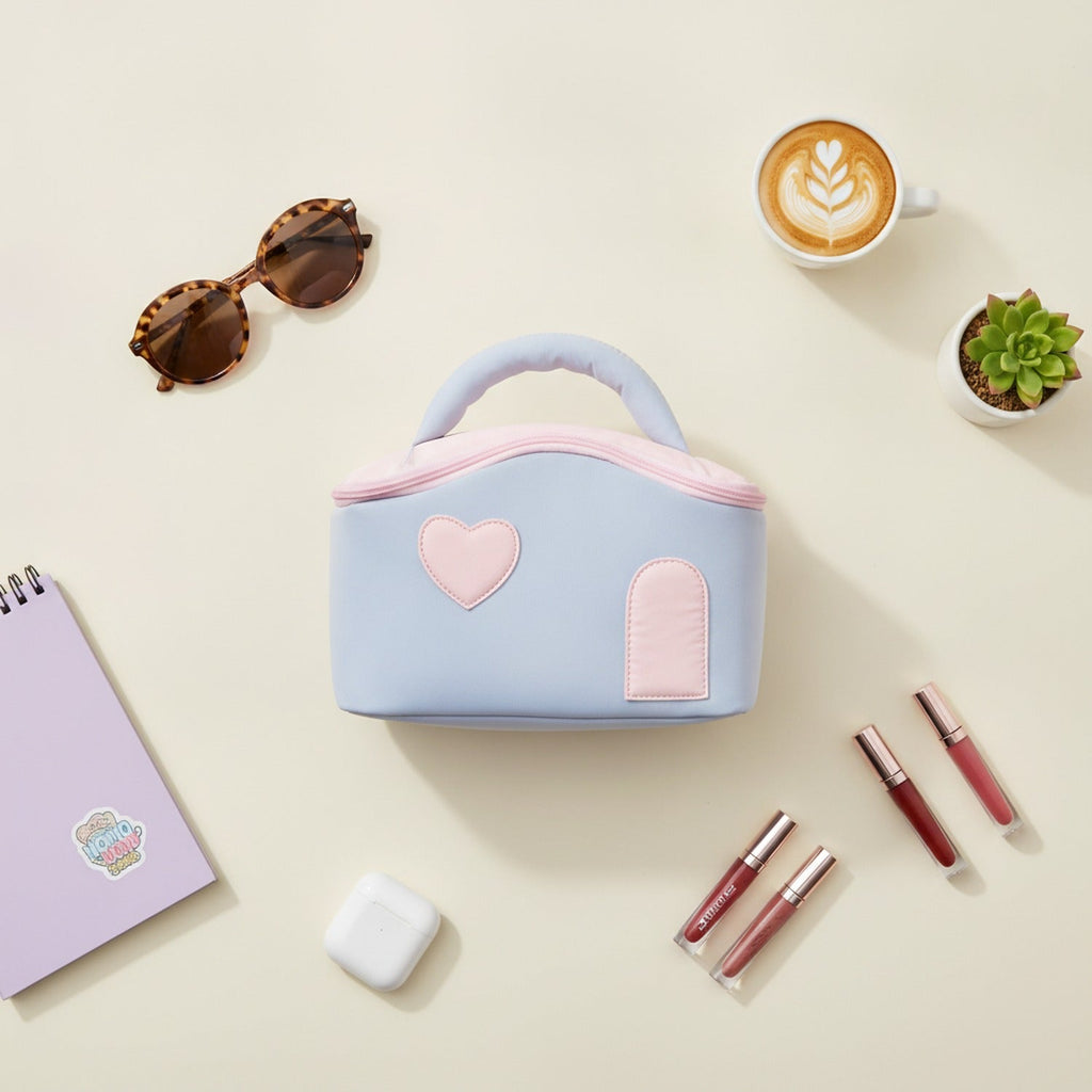 Heart Cosmetic Case With Mirror - Blue Little House – bags & wallets (view 3)