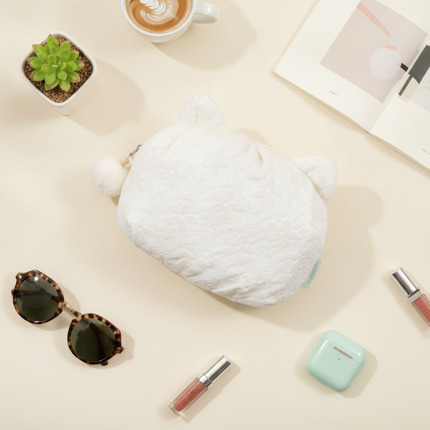 White Quilted Floral Cat Ear Cosmetic Bag With Charm