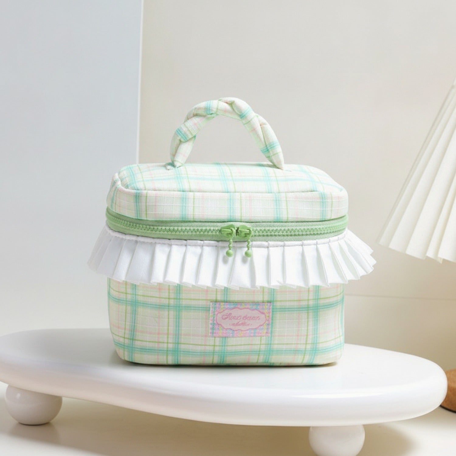 Cosmetic Bag With Ruffle Trim - Green Gingham – bags & wallets (view 2)
