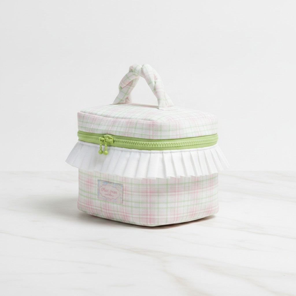 Cosmetic Bag With Ruffle Trim - Pink Green Plaid – bags & wallets (view 3)