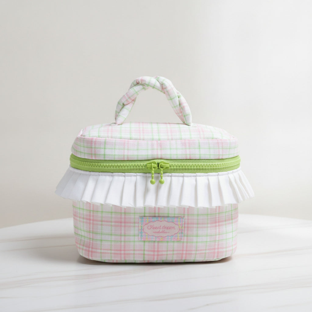 Cosmetic Bag With Ruffle Trim - Pink Green Plaid – bags & wallets (view 2)