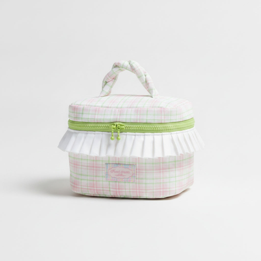 Cosmetic Bag With Ruffle Trim - Pink Green Plaid – bags & wallets (view 1)