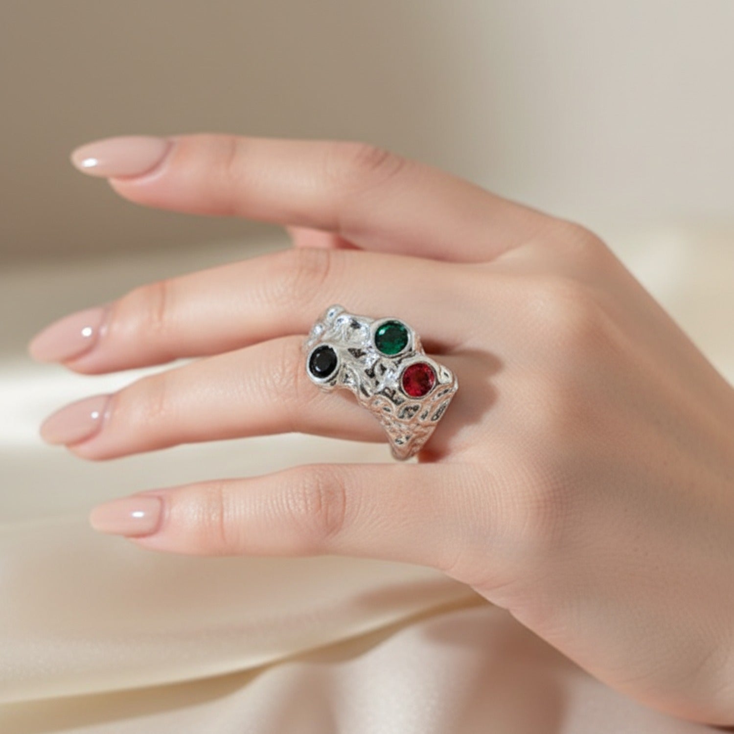 Silver Skull Ring With Gemstone Accents