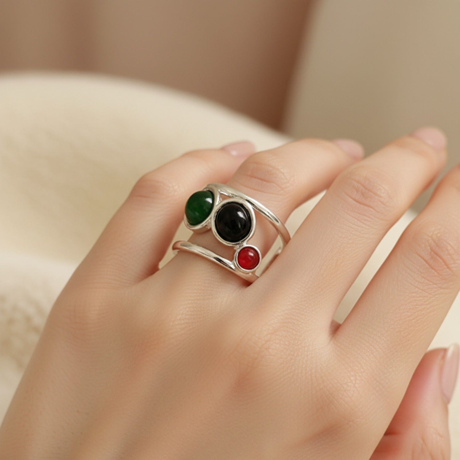 Colorful Gemstone Cuff Ring Set Silver