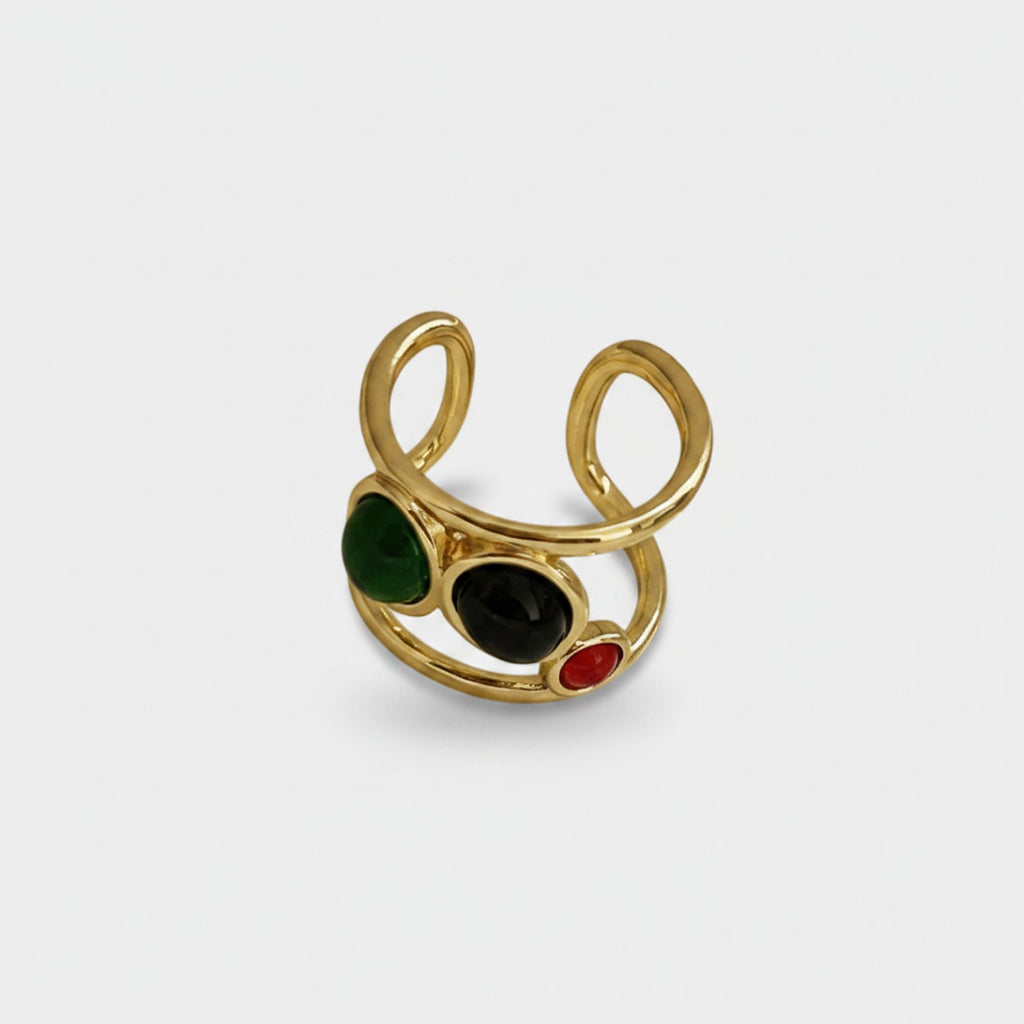 Colorful Gemstone Gold Ring Set With Green Black Red Stones