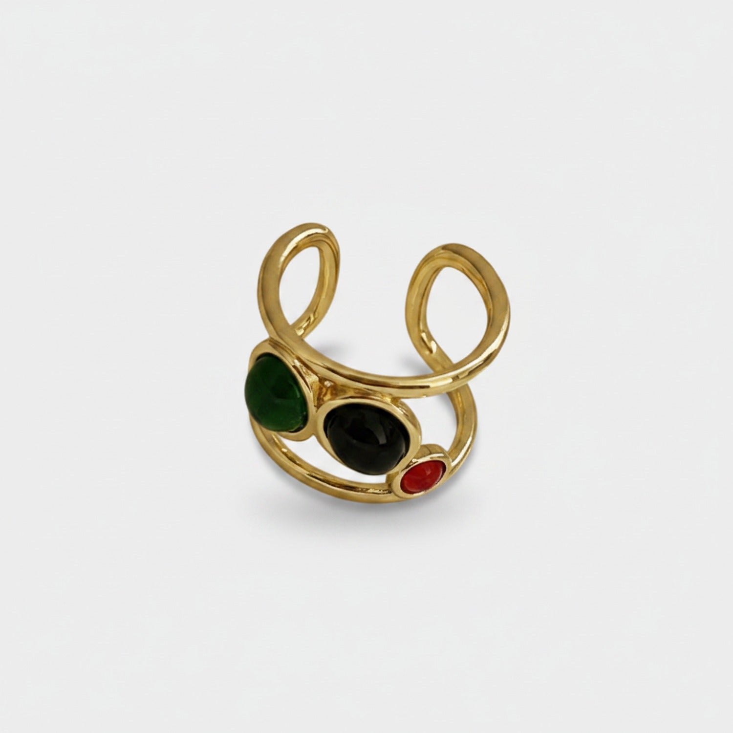 Colorful Gemstone Gold Ring Set With Green Black Red Stones