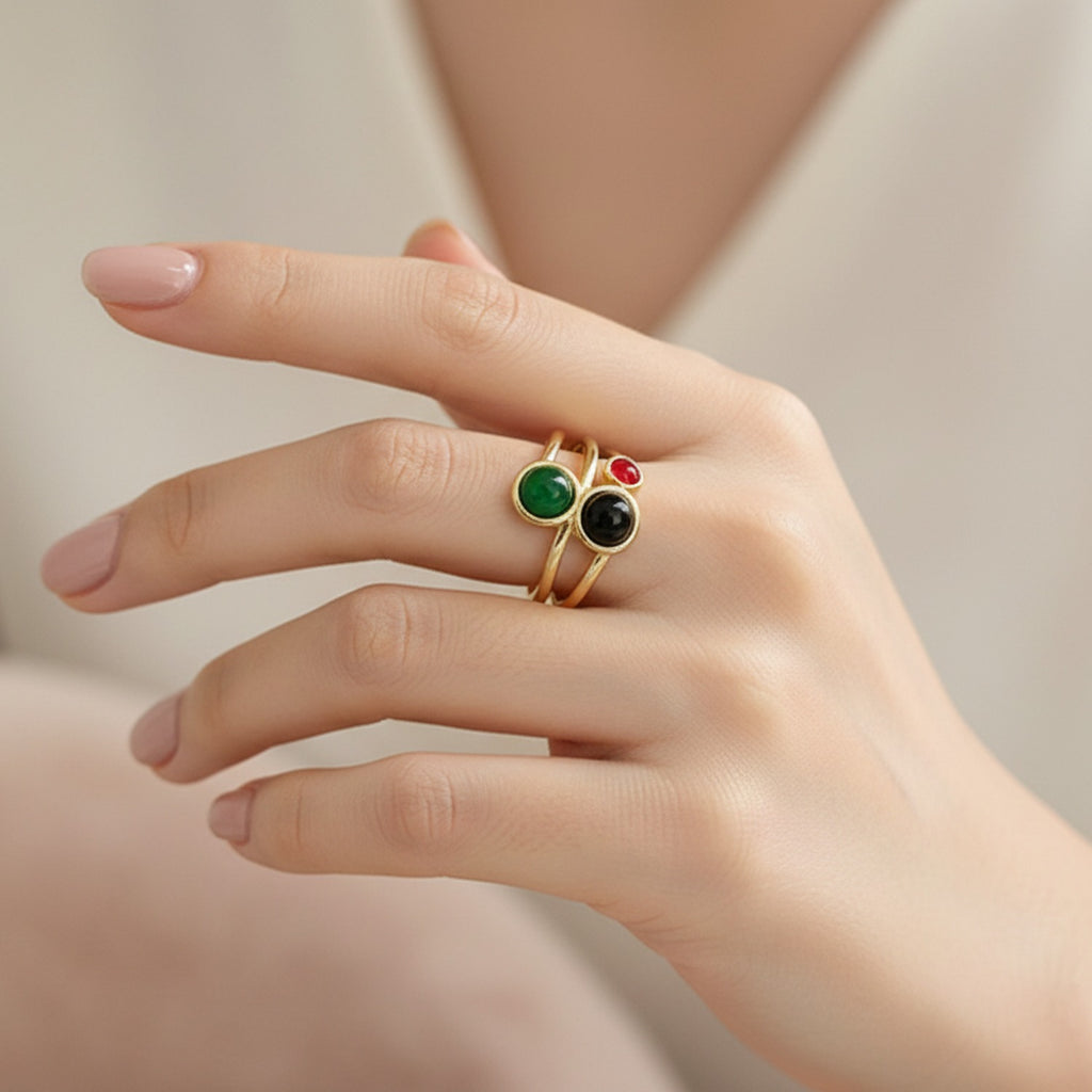 Colorful Gemstone Gold Ring Set With Green Black Red Stones