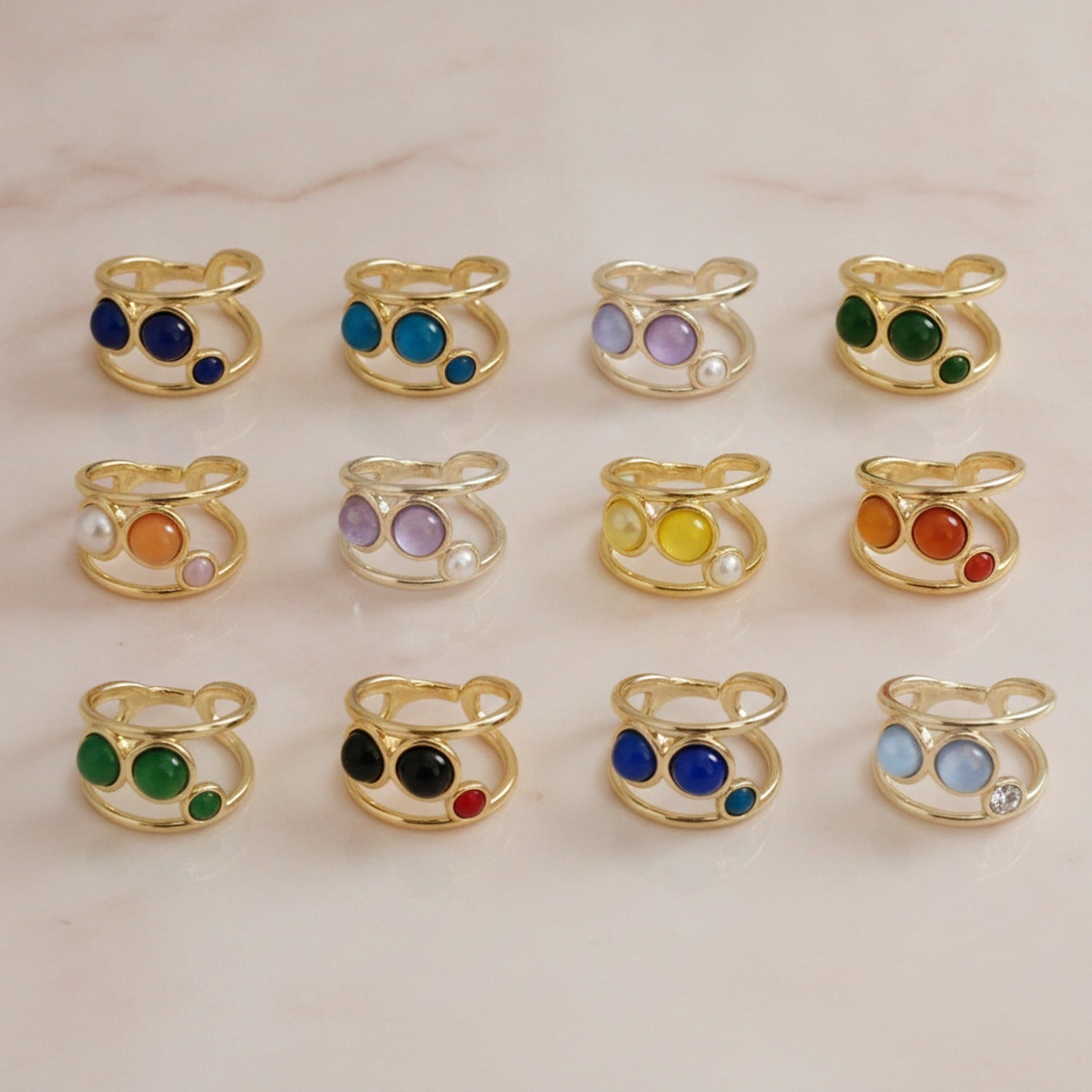 Colorful Gemstone Gold Ring Set With Green Black Red Stones