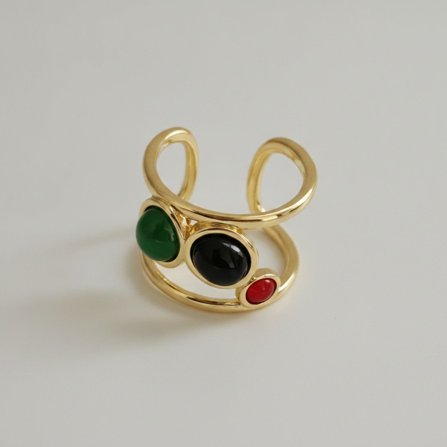 Colorful Gemstone Gold Ring Set With Green Black Red Stones