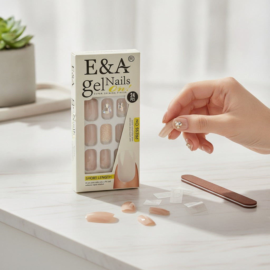 E&A Short Nude Glitter Gel Press On Nails 24 Pcs