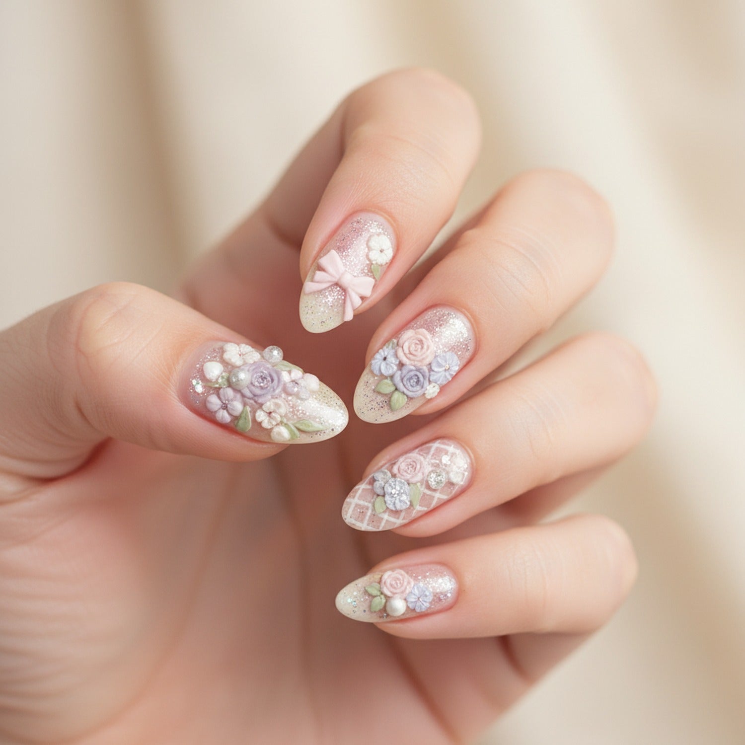 Floral 3D Nail Art Stickers With Pearls And Bows