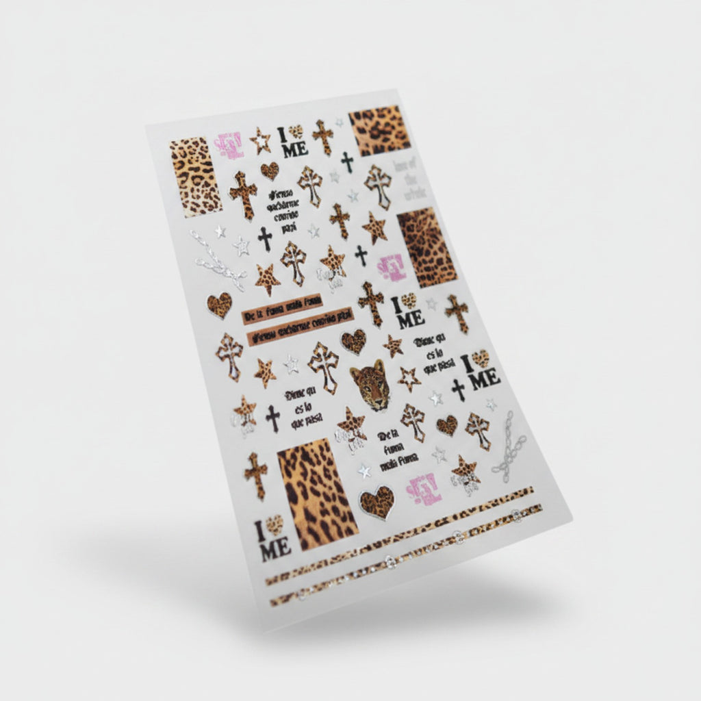 Leopard Print Nail Art Sticker Sheet With Crosses And Hearts