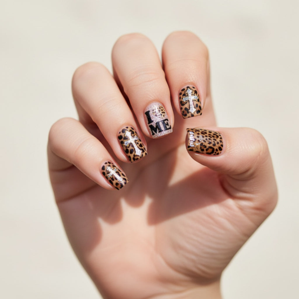 Leopard Print Nail Art Sticker Sheet With Crosses And Hearts