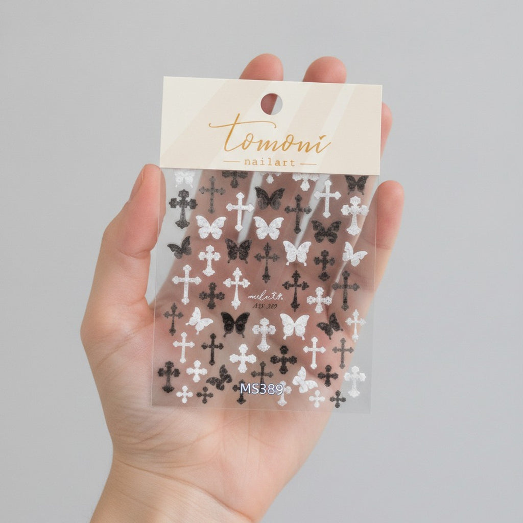 MS389 Black White Cross Butterfly Nail Art Stickers