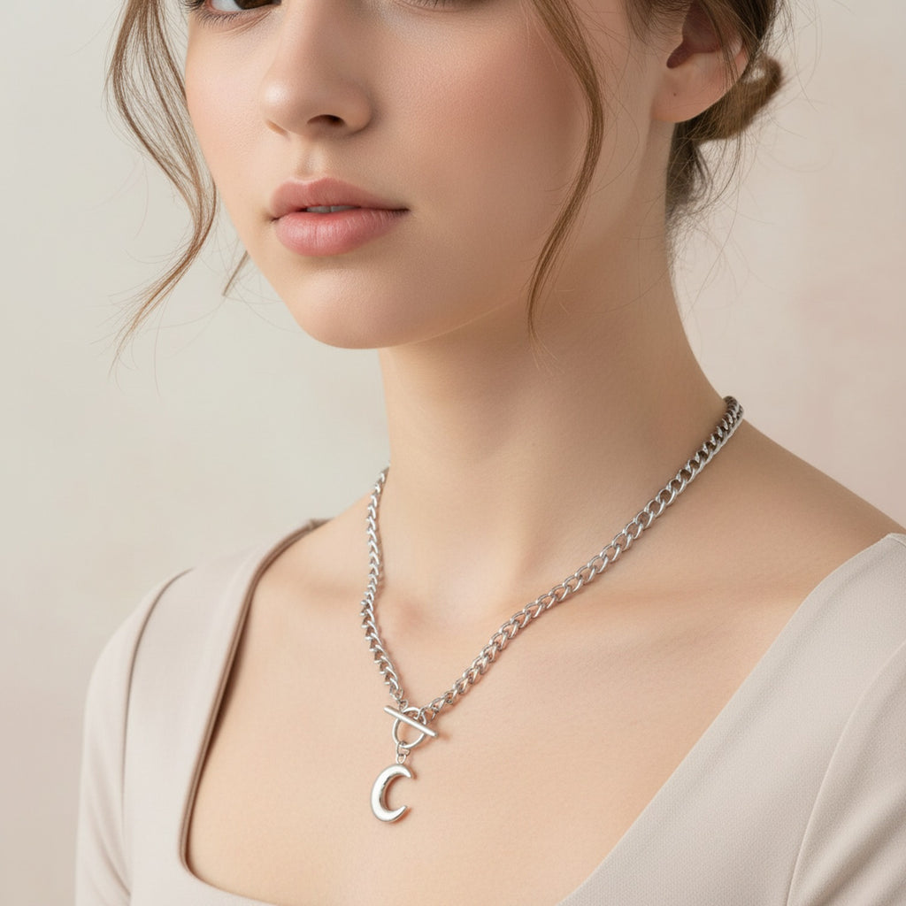 Silver Moon Charm Toggle Chain Necklace