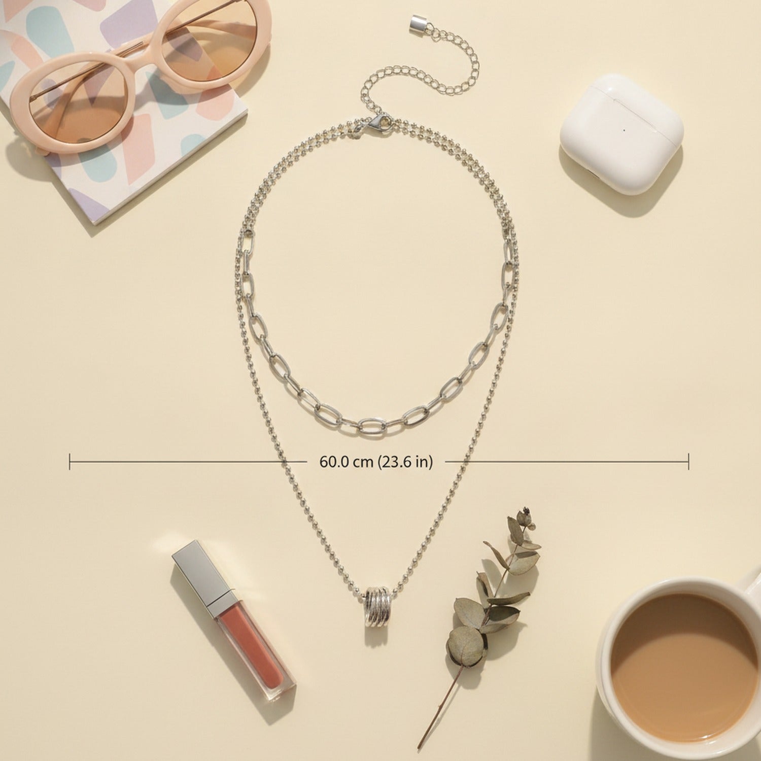 Silver Layered Chain Necklace With Rhinestone Pendant