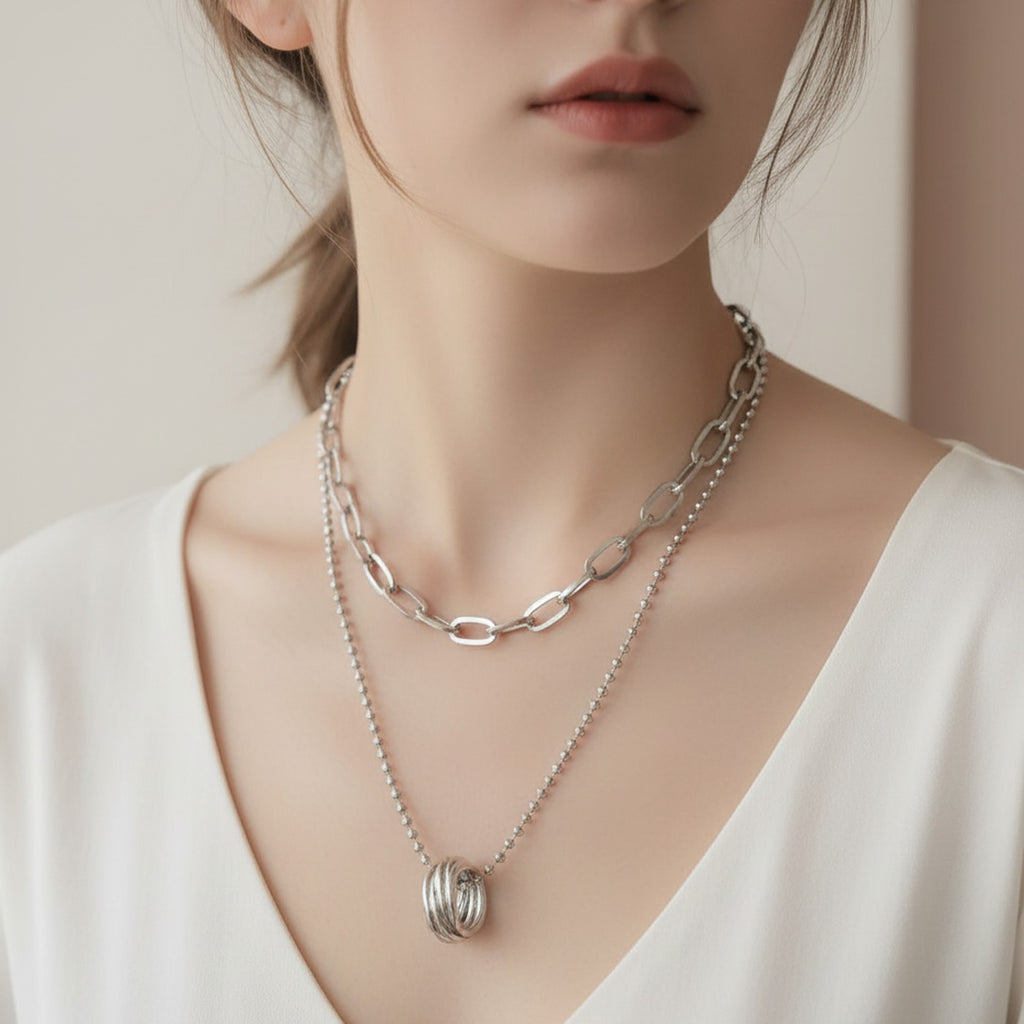 Silver Layered Chain Necklace With Rhinestone Pendant