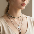 Silver Layered Chain Necklace With Coin Pendant