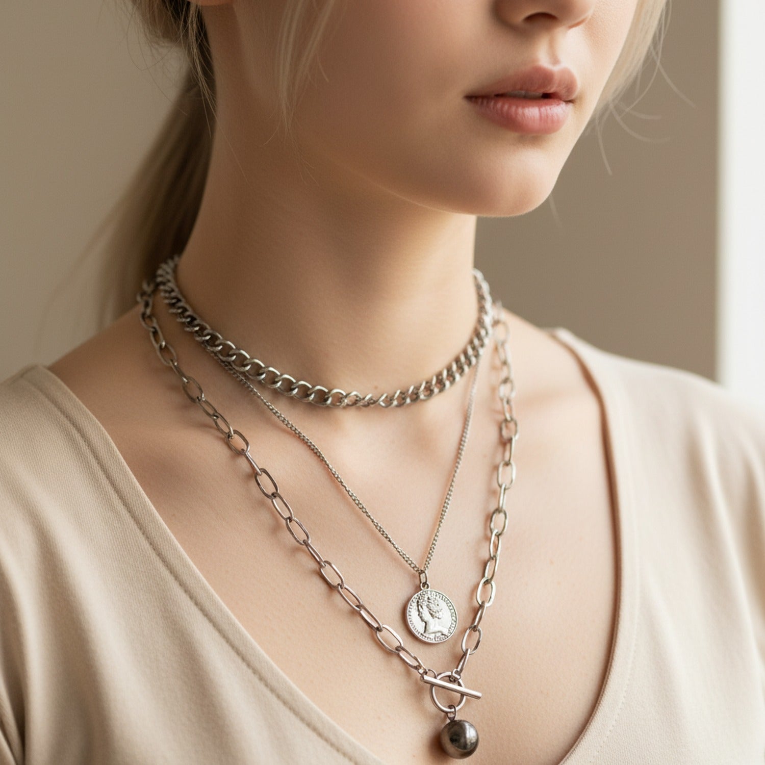 Silver Layered Chain Necklace With Coin Pendant