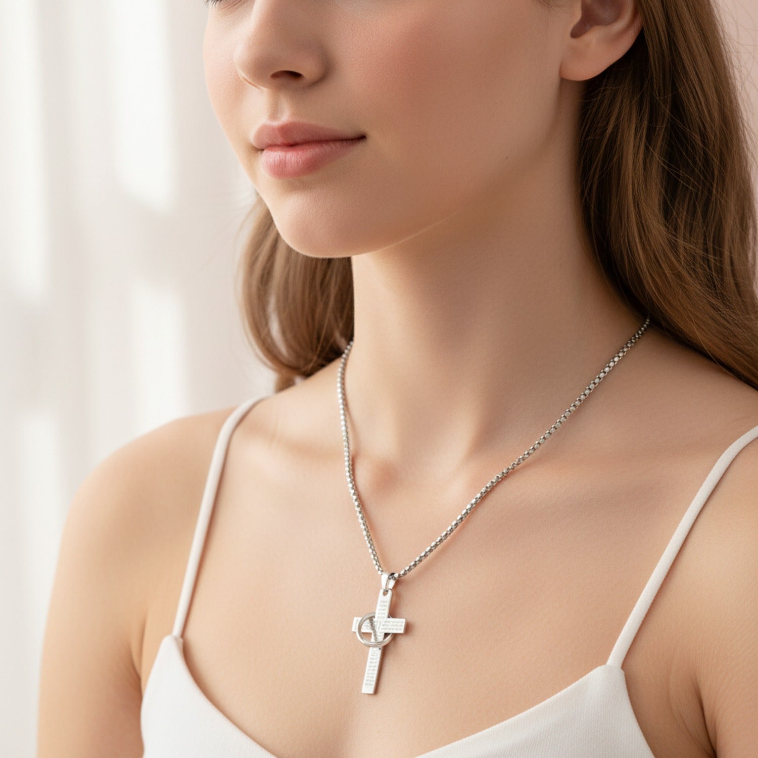 Silver Cross Pendant Necklace With Circular Charm