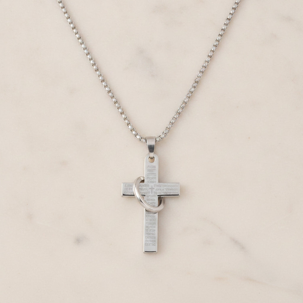 Silver Cross Pendant Necklace With Circular Charm – jewelry (view 2)