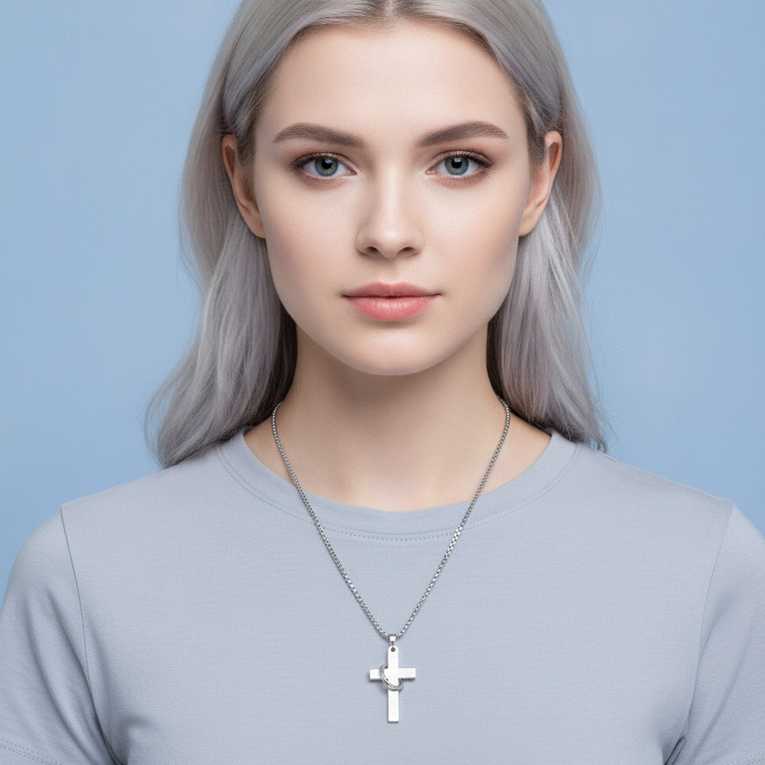Silver Cross Pendant Necklace With Circular Charm