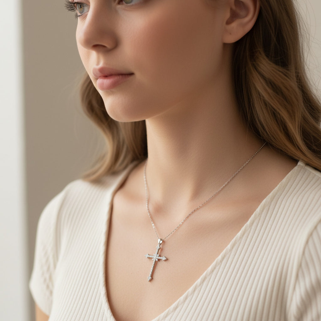 Crystal Cross Pendant Silver Chain Necklace