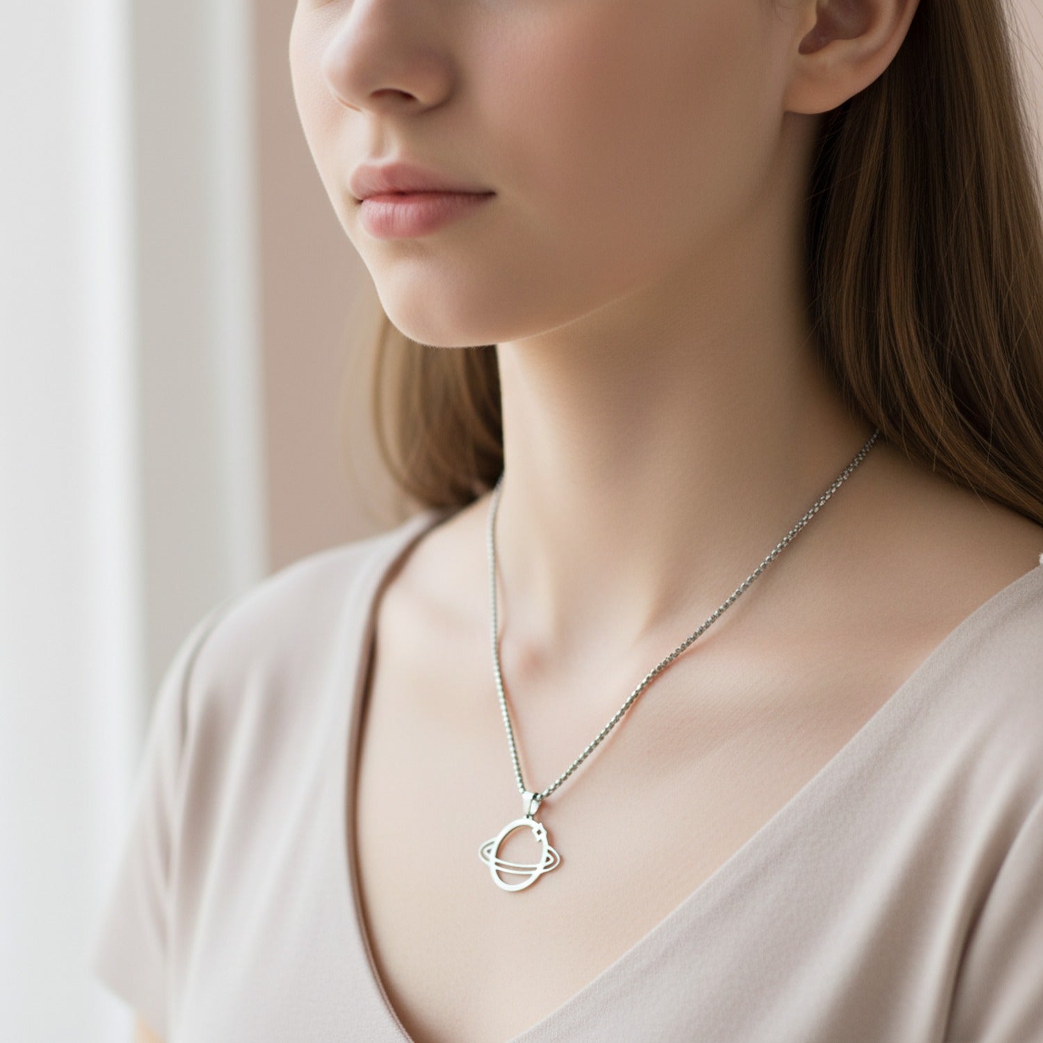 Silver Planet Pendant Chain Necklace