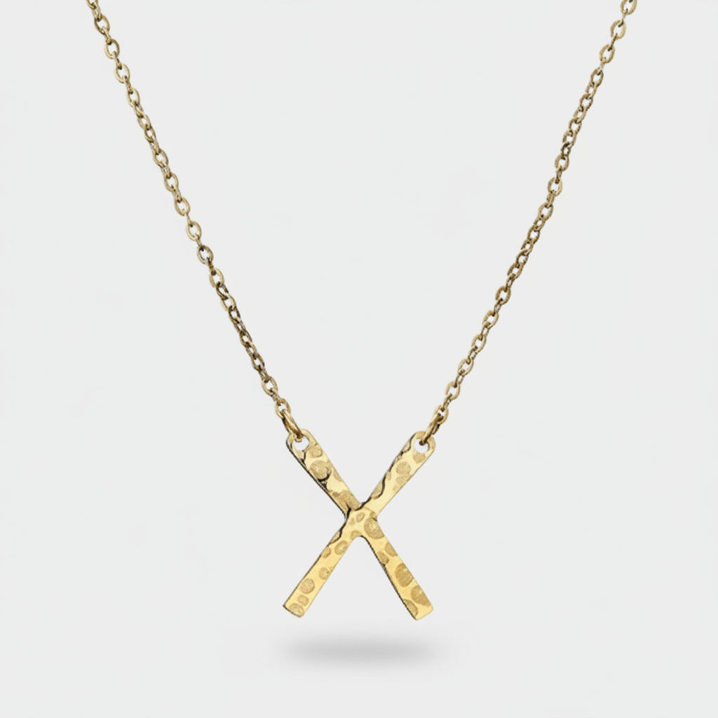 Gold Hammered X Pendant Chain Necklace