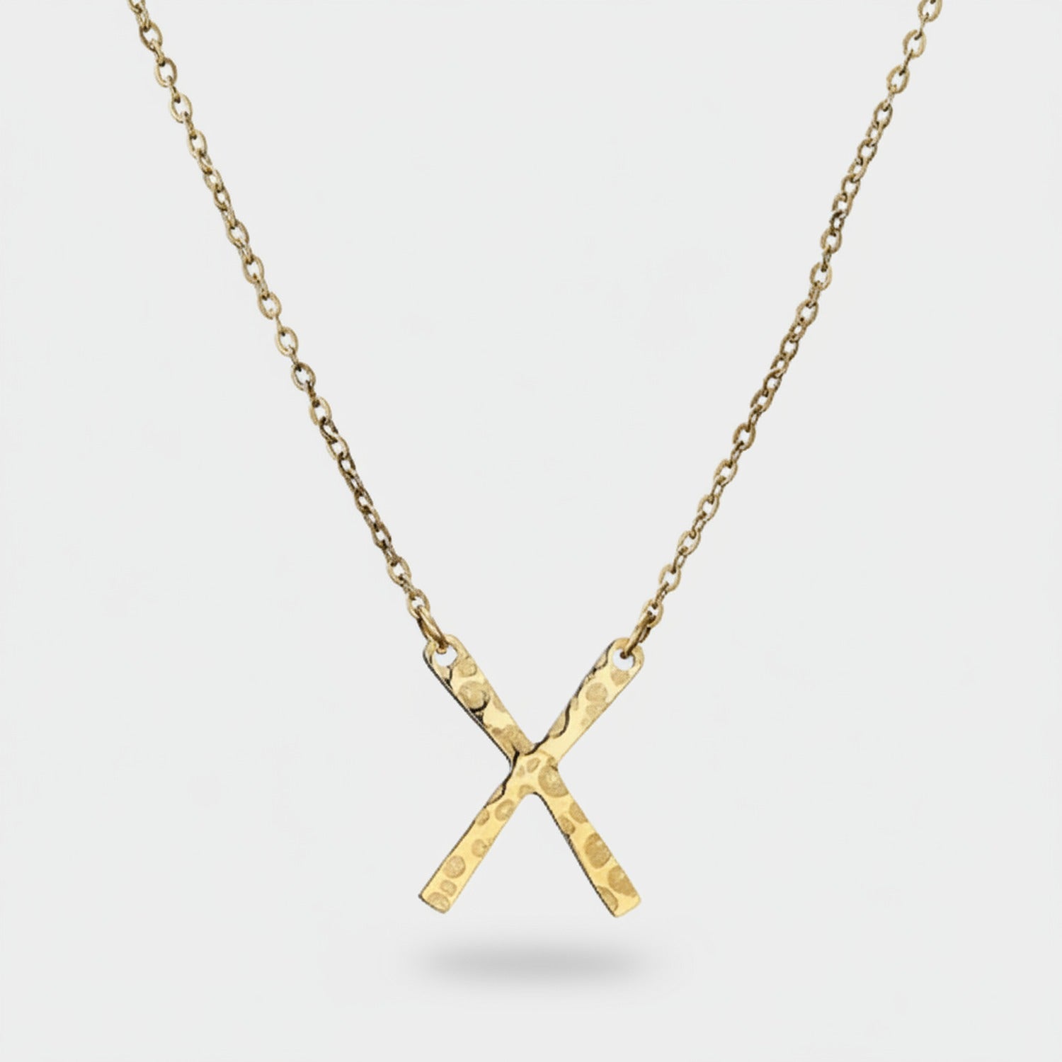 Gold Hammered X Pendant Chain Necklace