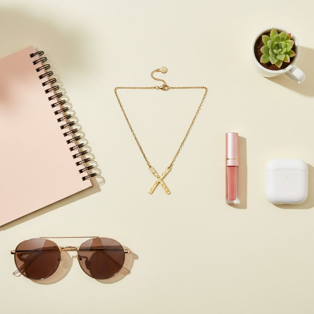 Gold Hammered X Pendant Chain Necklace