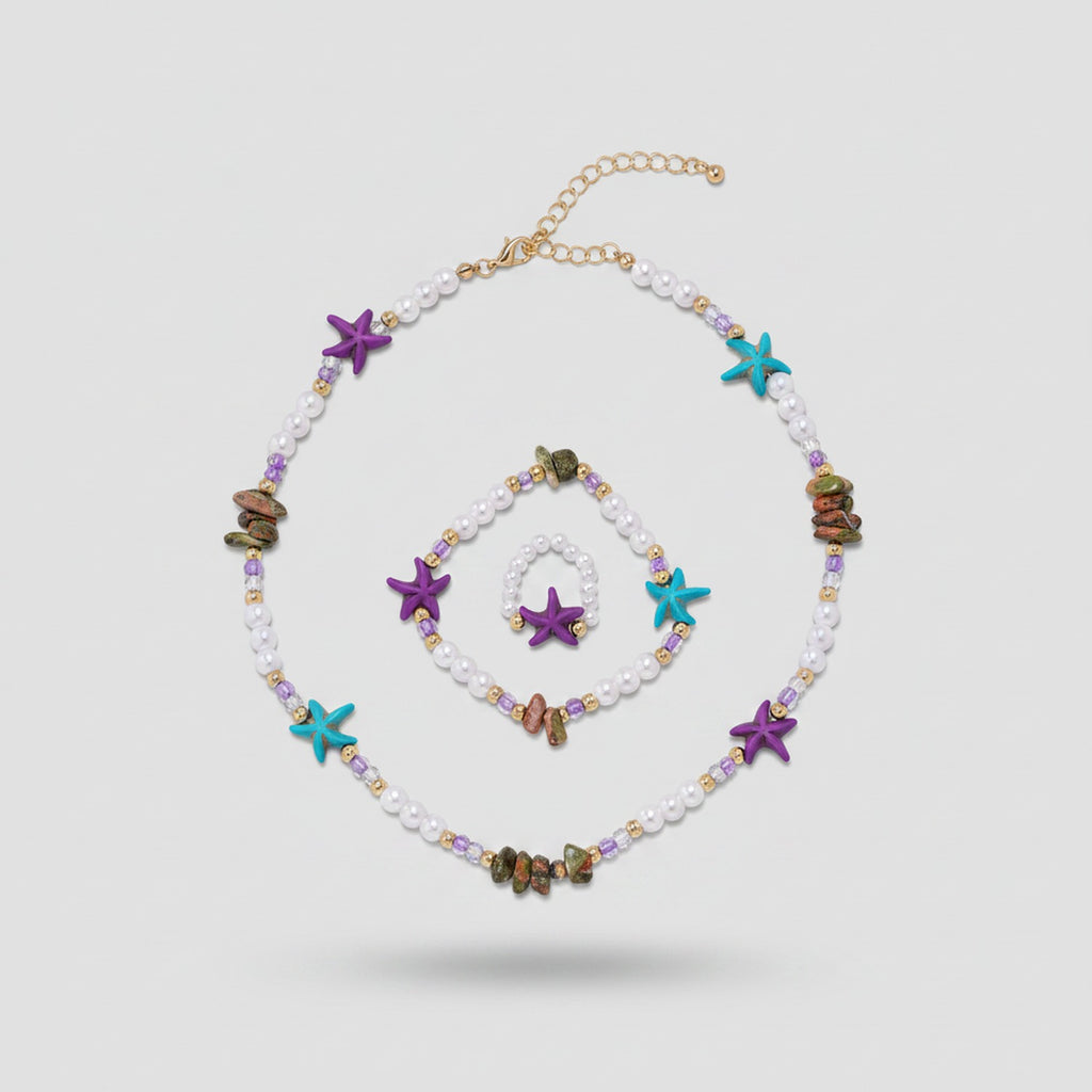 Pearl Starfish Beaded Bracelet Ring Set