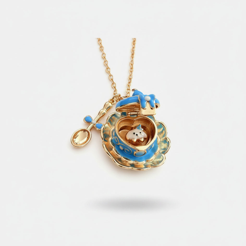 Flower Heart Locket Charm Necklace - Blue Teacup Opening Necklace – jewelry (view 1)