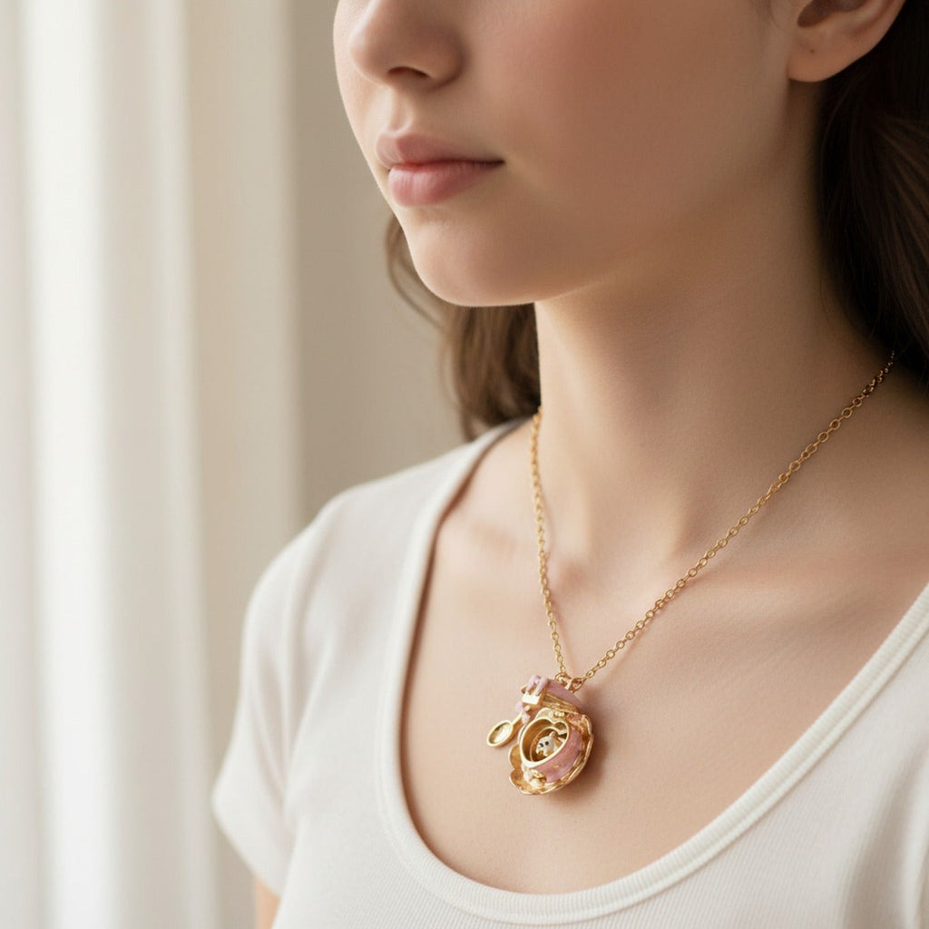 Flower Heart Locket Charm Necklace - Pink Teacup Locket Necklace – jewelry (view 3)