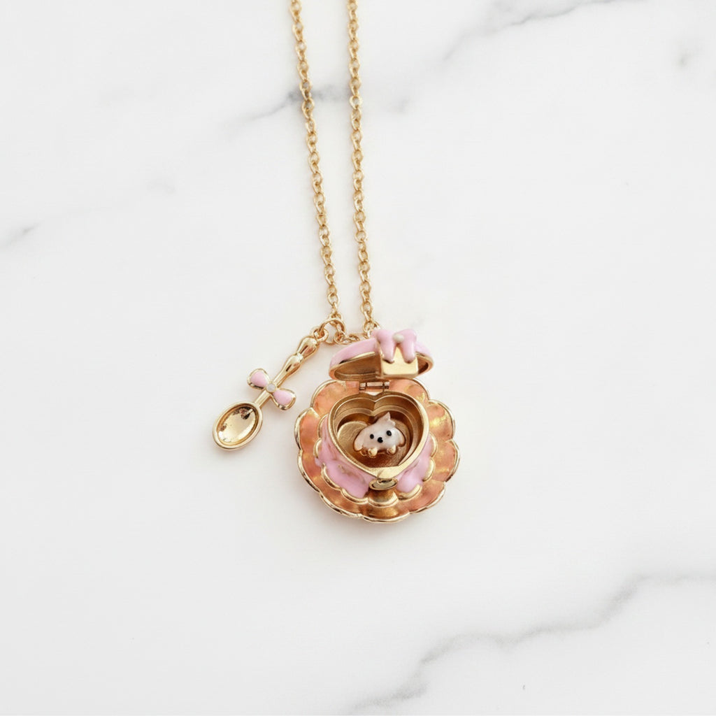 Flower Heart Locket Charm Necklace - Pink Teacup Locket Necklace – jewelry (view 2)