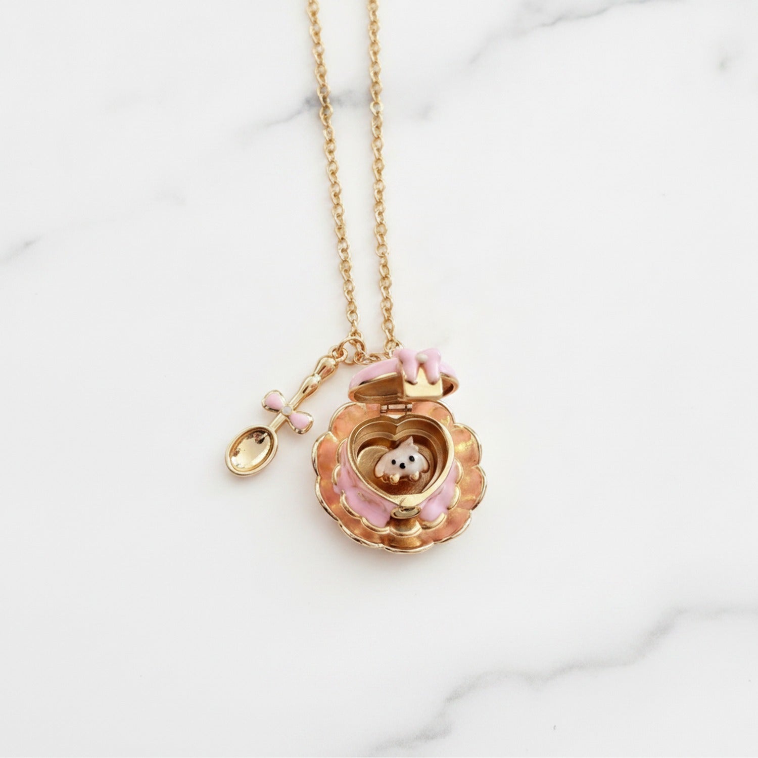 Flower Heart Locket Charm Necklace - Pink Teacup Locket Necklace – jewelry (view 2)