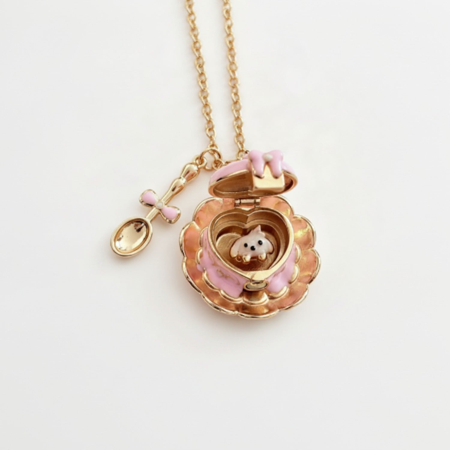 Flower Heart Locket Charm Necklace - Pink Teacup Locket Necklace – jewelry (view 1)