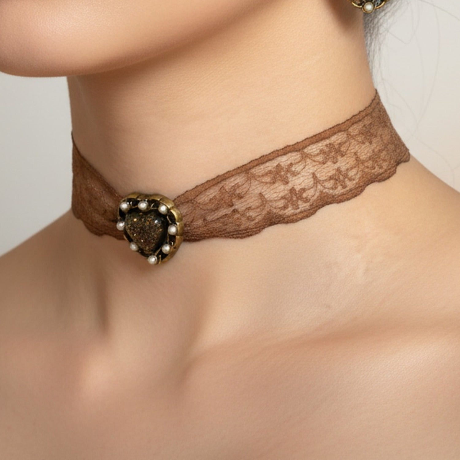 Lace Heart Beaded Ring Set Brown