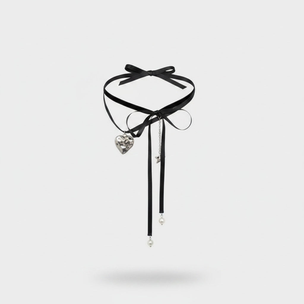 Black Ribbon Heart Charm Choker Set