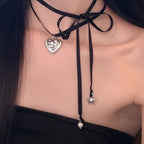 Black Ribbon Heart Charm Choker Set