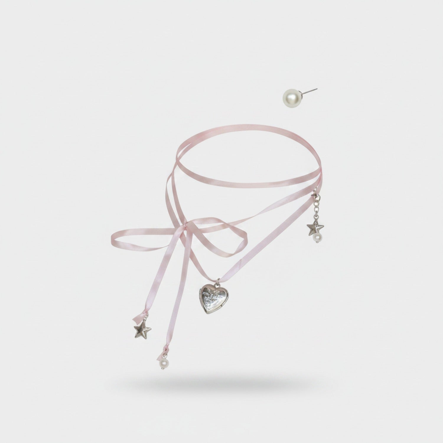 Pink Ribbon Heart Charm Ring Set With Pearl Studs