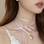 Pink Ribbon Heart Charm Ring Set With Pearl Studs