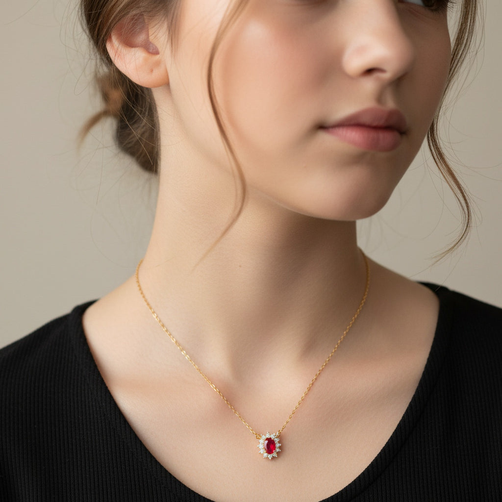 Red Oval Rhinestone Flower Pendant Gold Chain Necklace
