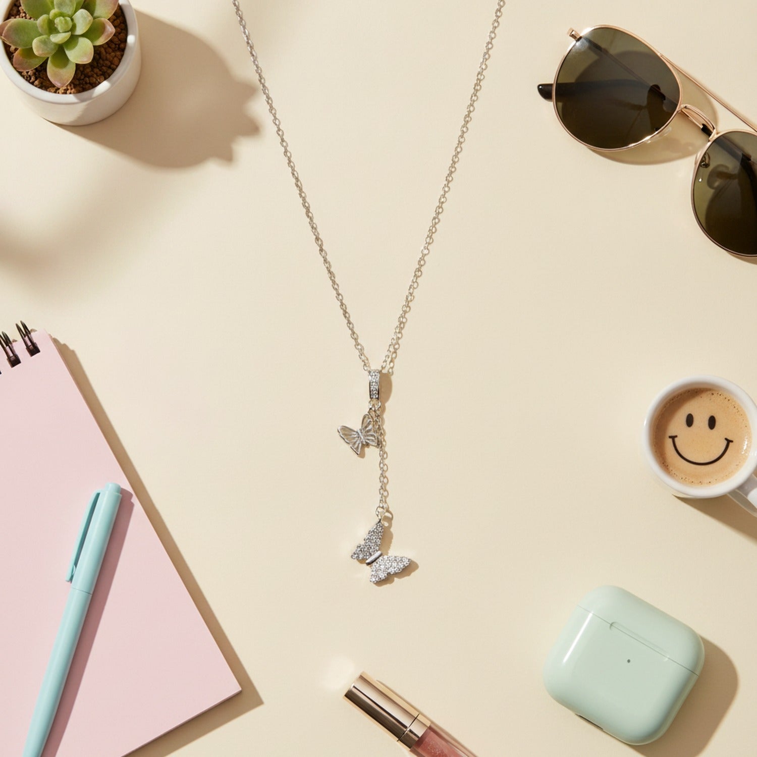 Silver Butterfly Charm Chain Lariat Necklace