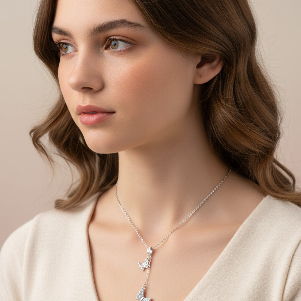 Silver Butterfly Charm Chain Lariat Necklace
