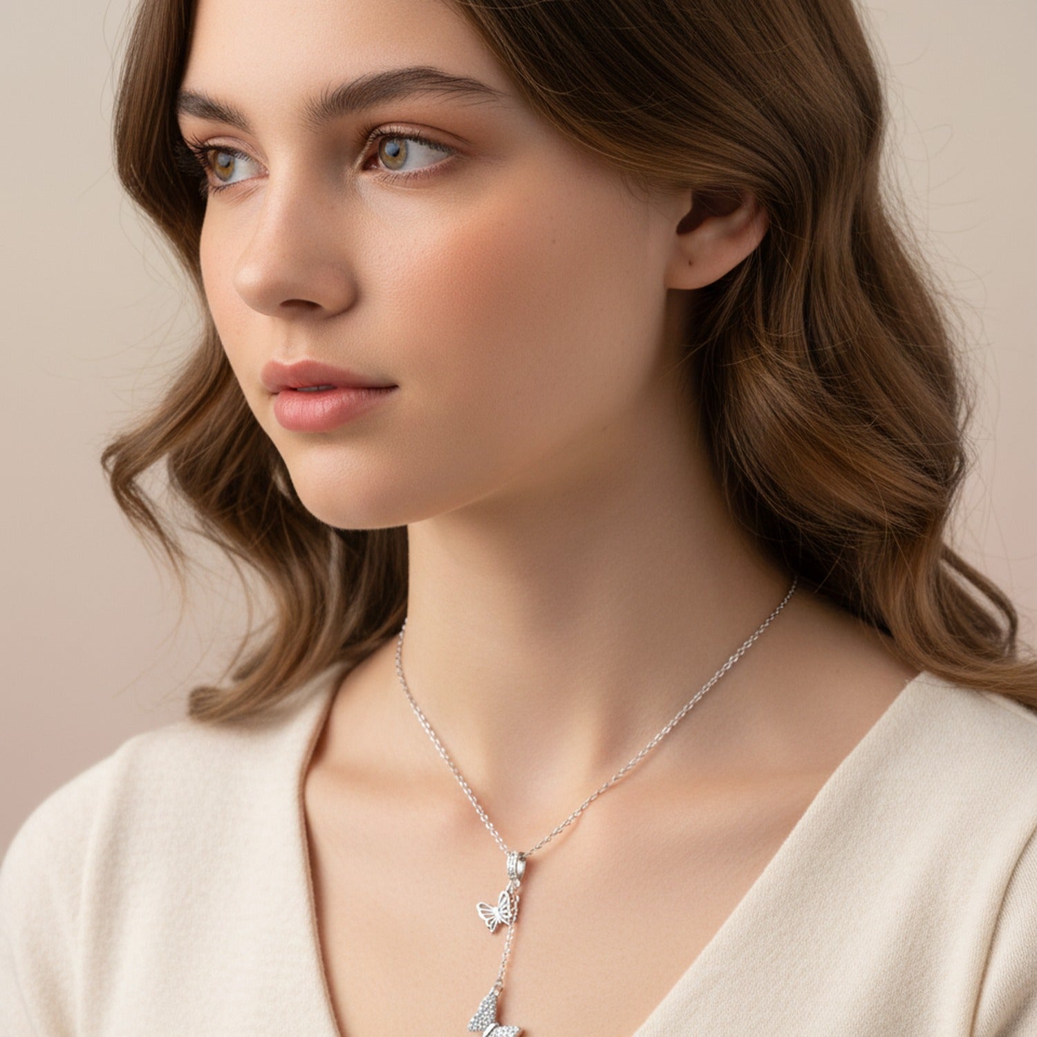 Silver Butterfly Charm Chain Lariat Necklace
