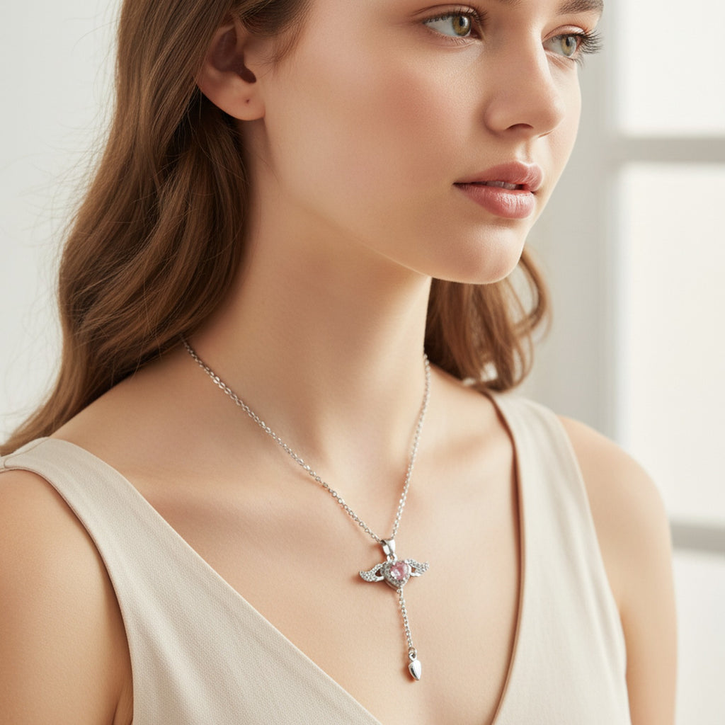 Pink Heart Wings Rhinestone Drop Necklace