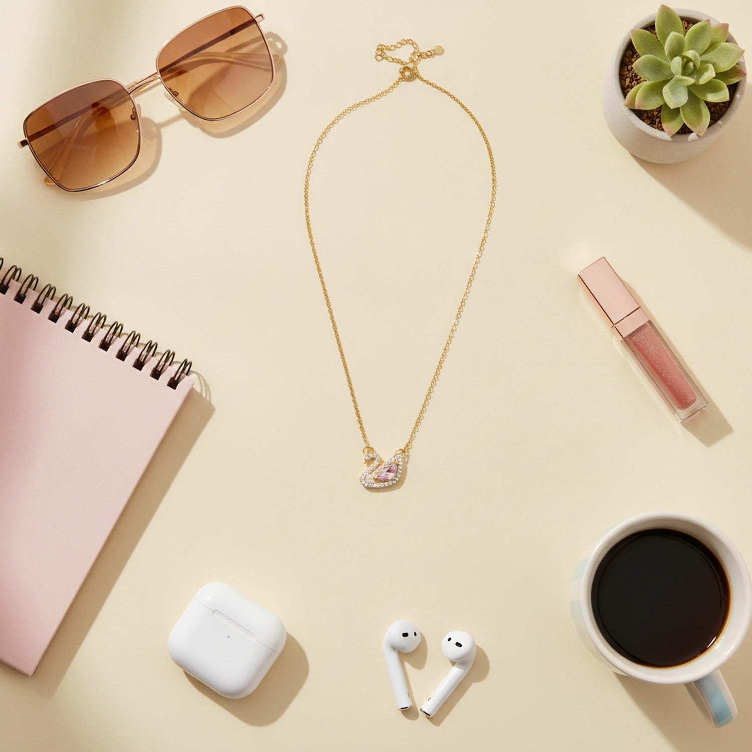 Swan Pink Crystal Rhinestone Gold Chain Necklace