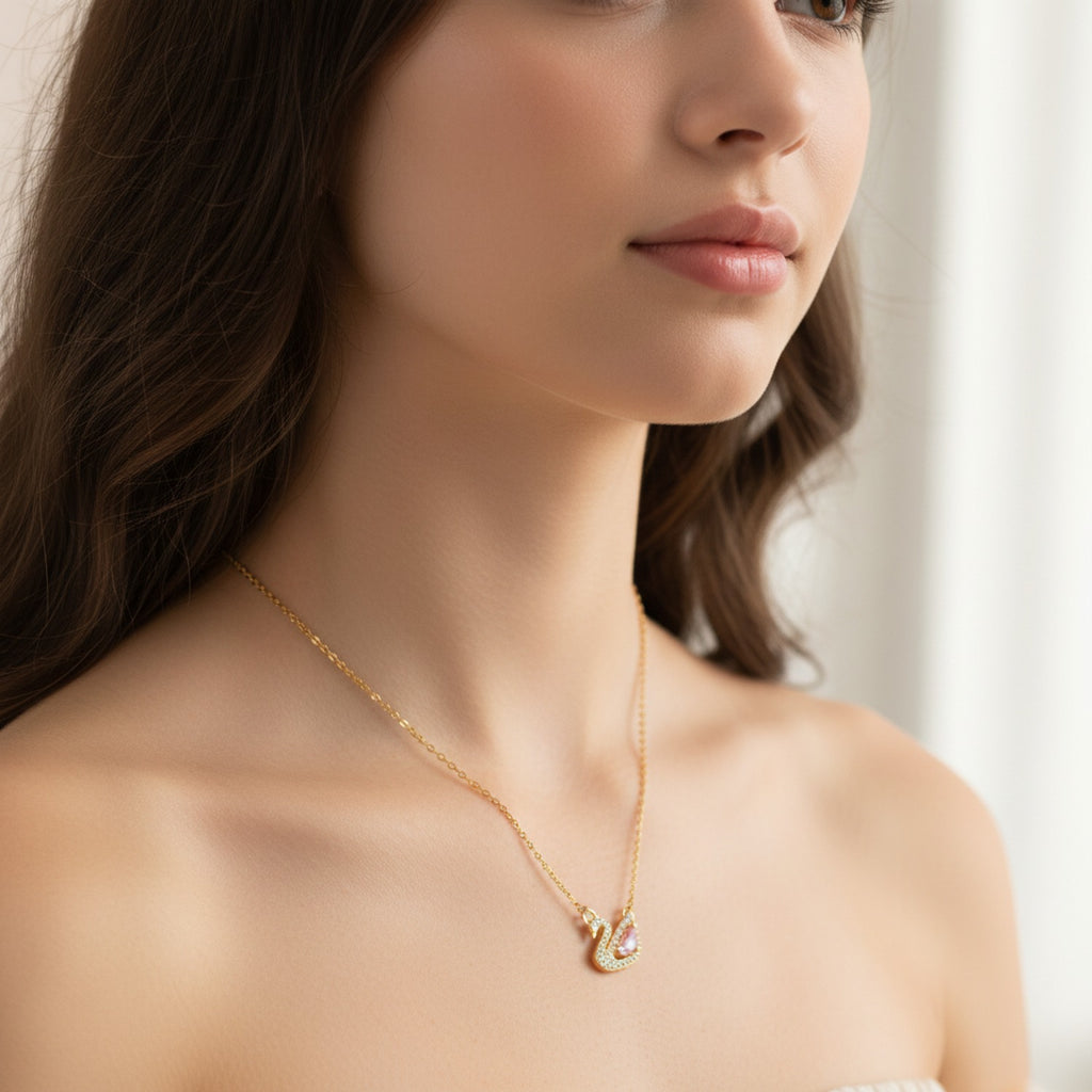 Swan Pink Crystal Rhinestone Gold Chain Necklace